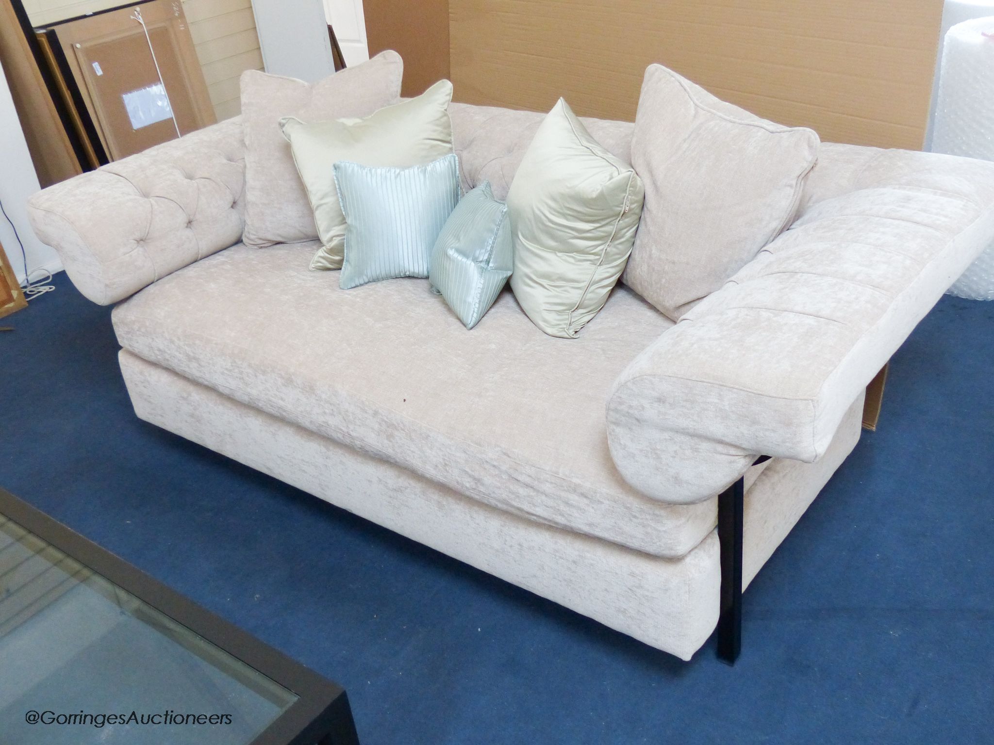 A pair of contemporary faun chenille sofas, 202 cm wide